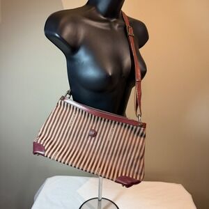 Vintage John Romain Striped Crossbody Bag Brown Burgundy Leather Trim Lion Crest